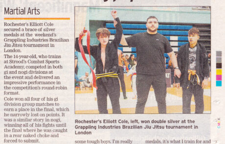 Elliott Cole featured in Medway Messenger newspaper for his double silver at Grappling Industries London